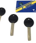 Front view of Mul-T-Lock Cronus high-security key set with three black-headed keys and blue Mul-T-Lock card