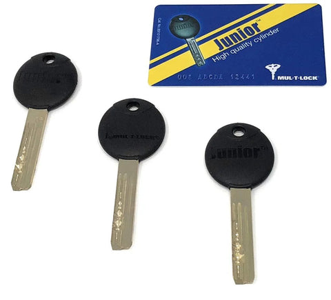 Front view of Mul-T-Lock Cronus high-security key set with three black-headed keys and blue Mul-T-Lock card