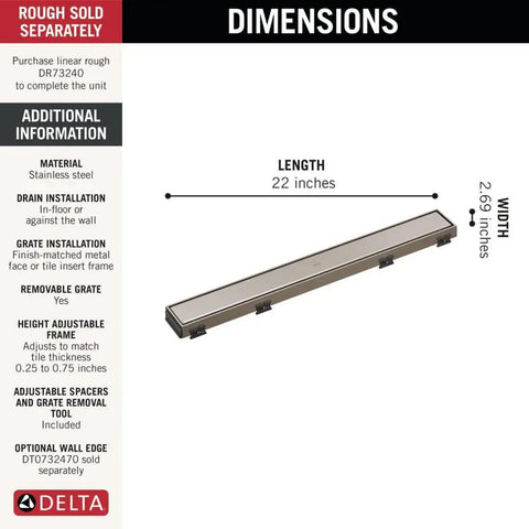 Heavy Duty 24 Inch Reversible Linear Shower Drain Trim Kit In Brushed Stainless Steel dimensions showing length and width.