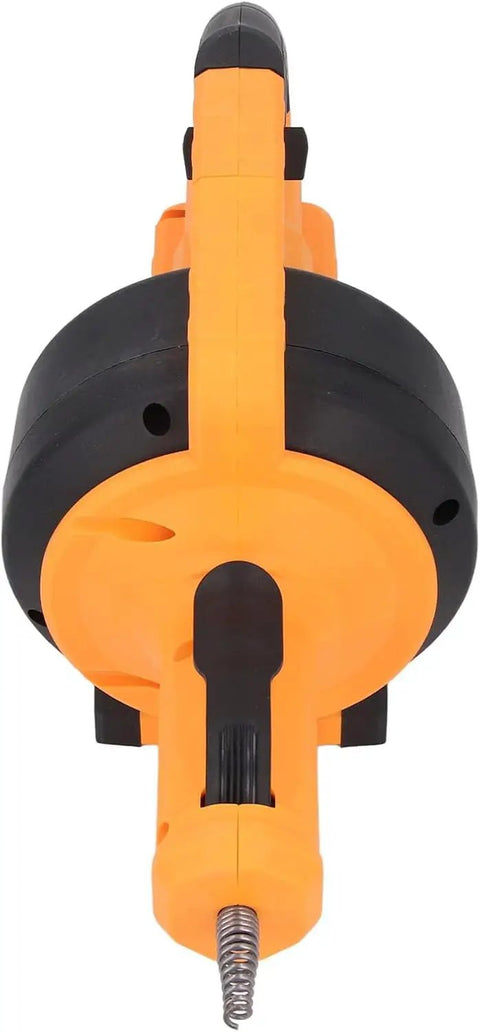 Cordless Electric Drain Auger And Plumbing Snake For Nasty Hair Clogs Kicks Blockages To The Curb Clears Bathroom Pipes showing orange and black design.