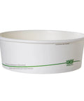 Compostable 32oz GreenStripe PLA Lined Squat Paper Bowls Case Of 300 Eco Friendly Bulk Takeout Ready White Round With Lids Optional ASTM Compliant BPI Certified. White PLA-lined squat bowl with green stripe