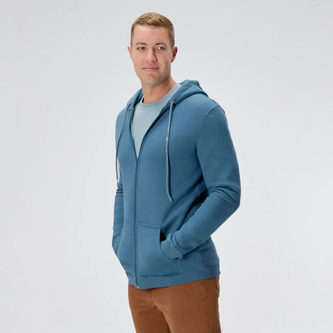 Man wearing Tall Length Full Zip Fleece Hoodie For Men With Slim Tall Tailored Fit Midweight Comfort Soft Fleece Lining Durable Long