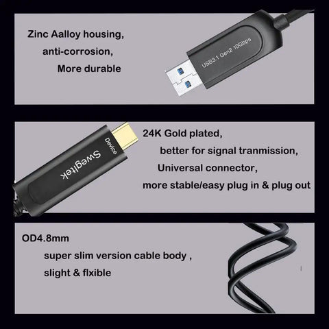Heavy Duty 65 Foot Fiber Optic USB A To C Active Cable Cranks 10gbps Sync Speeds, with Zinc Alloy housing and gold plated connectors.