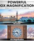 10x25 Digital Night Vision Monocular With Built In 4K HD Video Camera Black showing 10x magnification feature on landmarks