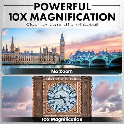 10x25 Digital Night Vision Monocular With Built In 4K HD Video Camera Black showing 10x magnification feature on landmarks