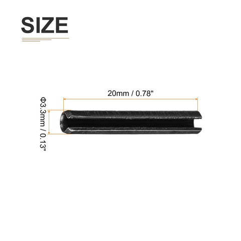 Slotted Spring Pin 3.3mm By 20mm Carbon Steel Roll Pin Black 20 Pack, side view showing dimensions in mm and inches