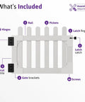 Built like a Tank White Vinyl Picket Gate DIY Fence Kit With No Dig Setup For Rock Solid Backyard Security featuring parts list.