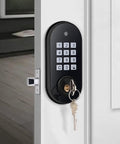 Lockdown Secure Electronic Keypad Self Locking Deadbolt Keyless Entry Door Lock Featuring Anti Peep Virtual Password Code No Keys Hassle Free Setup For Front Door Home Office Black Matte Finish on door.