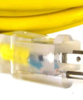 Close-up of plug on 10 Gauge 100 Ft Extension Cord 15 Amp 10 3 Grounded Outdoor Contractor Grade Power Cord With Lighted Ends