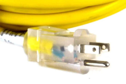 Close-up of plug on 10 Gauge 100 Ft Extension Cord 15 Amp 10 3 Grounded Outdoor Contractor Grade Power Cord With Lighted Ends