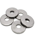 Front view: group of stainless steel flat fender washers, 1 in OD, 0.080 in thick.