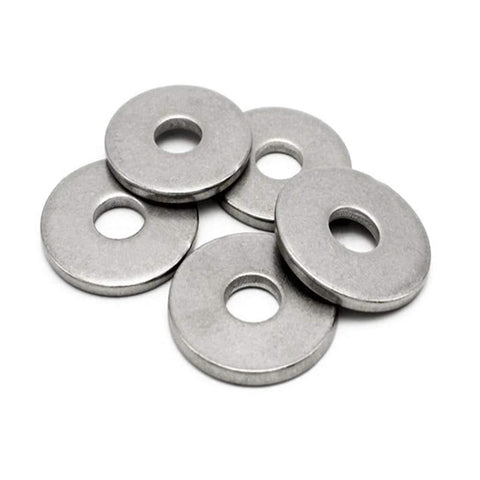 Front view: group of stainless steel flat fender washers, 1 in OD, 0.080 in thick.