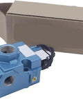 Premium Balanced Spool Pneumatic Valve 56C16111JJBa in blue with wiring, packaged for Bang On precision machine air control.