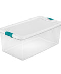 Slay Your Storage Goals With This Badass Set Of Plastic Latching Storage Bins Featuring Secure Snap Lids, Includes 106 Qt And 64 Qt Totes For Closet Decluttering, Garage Organization, And Keeping Bugs At Bay. Clear plastic storage bin with secure snap lid, compact design.