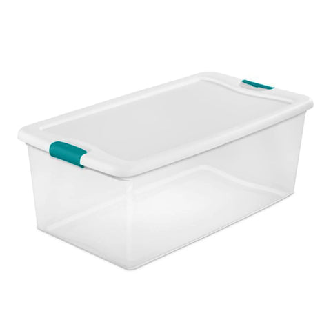 Slay Your Storage Goals With This Badass Set Of Plastic Latching Storage Bins Featuring Secure Snap Lids, Includes 106 Qt And 64 Qt Totes For Closet Decluttering, Garage Organization, And Keeping Bugs At Bay. Clear plastic storage bin with secure snap lid, compact design.