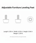 Diagram of adjustable furniture leveling feet, showing side and top views, 0.59 x 6.59 x 0.94 inches, 2.20 lb weight