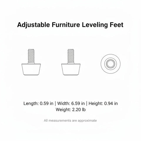Diagram of adjustable furniture leveling feet, showing side and top views, 0.59 x 6.59 x 0.94 inches, 2.20 lb weight