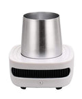Keep Your Morning Sip Hit The Spot With This Versatile Travel Coffee Mug Warmer That Heats Or Chills Drinks Quickly Ideal For Commutes Desk Work And Home Offices, silver mug on white warmer.