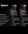 Specifications chart for Heavy Duty 20V Brushless Cordless Impact Drill With Killer 55 Nm Torque And Two Speed Variable Control.