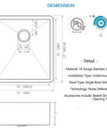Technical diagram of 15x17 inch undermount bar sink for kitchen and RV outdoor use, T 304 stainless steel, with dimensions and features.