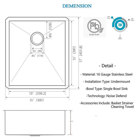 Technical diagram of 15x17 inch undermount bar sink for kitchen and RV outdoor use, T 304 stainless steel, with dimensions and features.