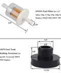 Fuel filter and bushing grommet dimensions with specifications for Tecumseh engines, featuring sizes for 691035 filter and 33679 grommet.