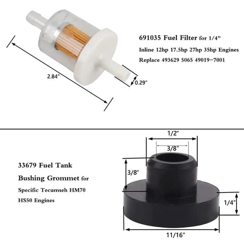 Fuel filter and bushing grommet dimensions with specifications for Tecumseh engines, featuring sizes for 691035 filter and 33679 grommet.