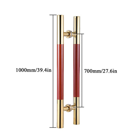 Dope Gate Hardware Glass Door Handle In Slick European Titanium Gold Red Wood Grain Finish, two sizes shown, stainless steel grip