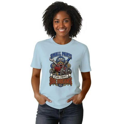 Cool Mechanical Engineer Tee For Your Garage Project Car Vibe Vintage Distressed Gear Graphic Shirt on a woman in light blue cotton.