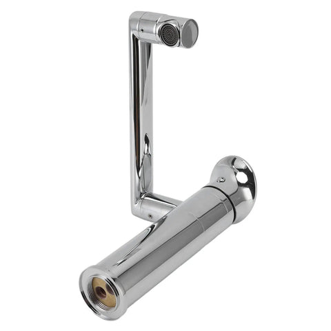 Maqulae Metal Basin Faucet with Hose, Single Hole Sink Tap for Kitchen, chrome finish, detailed view of spout and hose connection.