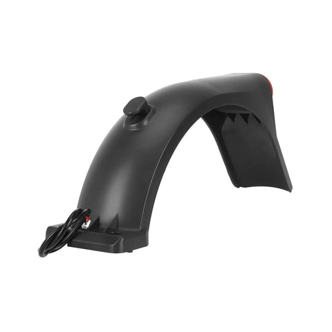 Electric Scooter Rear Mudguard With Taillight Widened Mud Guard Protection Plate Includes Installation Screws For Scooters Spare Part With LED Light Easy Install In Minutes Keeps Mud And Water Off You On Rainy Rides, shown from a side angle highlighting its curved design and attached wires.