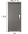 Quick Mount Steel Security Door With Frame And Hardware Gray Left Side Hinged Inward Swing Adjustable Width 32 And 11 Sixteenths To 35 Inches And Height 81 And 11 Sixteenths Inches Built To Last And Easy Install For A Solid Home Entry, front view.