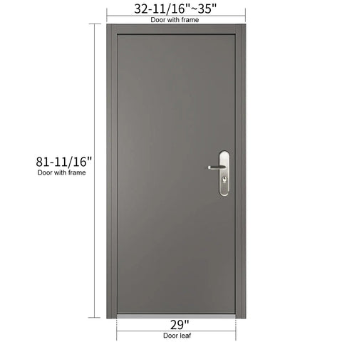 Quick Mount Steel Security Door With Frame And Hardware Gray Left Side Hinged Inward Swing Adjustable Width 32 And 11 Sixteenths To 35 Inches And Height 81 And 11 Sixteenths Inches Built To Last And Easy Install For A Solid Home Entry, front view.