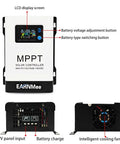 60A MPPT Solar Charge Controller With 18-150VDC Input, front view showing LCD screen, voltage adjustment, and cooling fan.