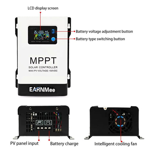 60A MPPT Solar Charge Controller With 18-150VDC Input, front view showing LCD screen, voltage adjustment, and cooling fan.