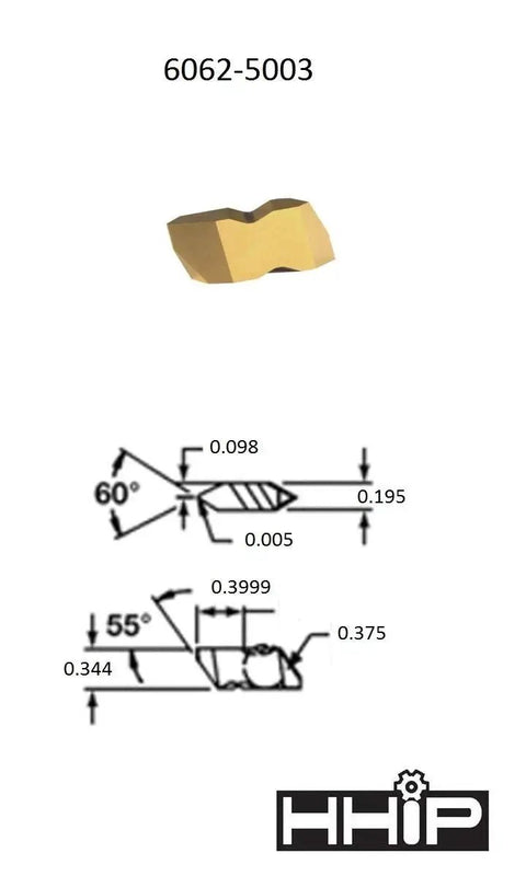Side view of Right Hand Threading Carbide Insert with 60 degree negative rake neutral, C5 TIC-65 coated, diagram included.