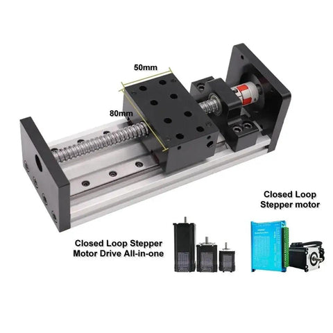 Heavy Duty Linear Rail Motor Kit With High Precision Ball Screw And Direct Drive Motor for CNC routers showing dimensions, stepper motor features.