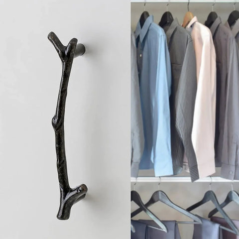 Large Vintage Tree Twig Branch Cabinet Knob shown in close-up with wardrobe in background; Black zinc alloy handle for farmhouse decor.