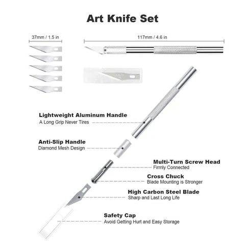 Art knife set with lightweight aluminum handle, multi-turn screw head, high carbon steel blade, and safety cap