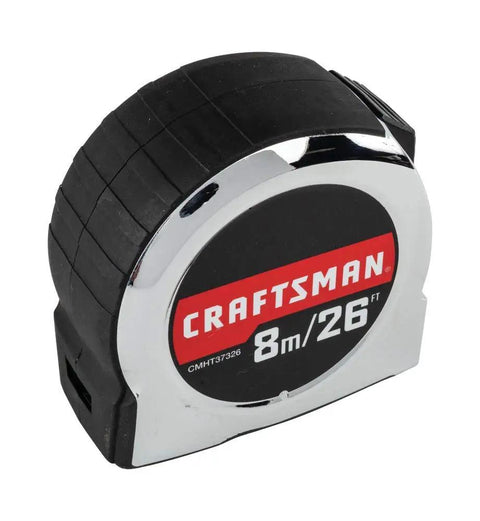 Retractable 8M Chrome Tape Measure With Rubber Overmold Grip And Durable Blade Coating, 26 Ft Standout, side view