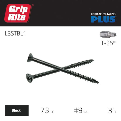 Heavy Duty Exterior Deck Screws With Bugle Head And Star Drive For Treated Lumber Projects Black Coated Finish image showing two 3" screws