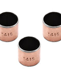 Three Pack Sleeve Bushings 14mm Bore 16mm OD 15mm Length Oilless Plain Bearings Carbon Steel Bronze Composite, close-up view.