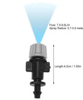 50 Piece Misting Nozzle Set For Garden Drip Irrigation, Durable Plastic Construction, showing nozzle with spray measurements