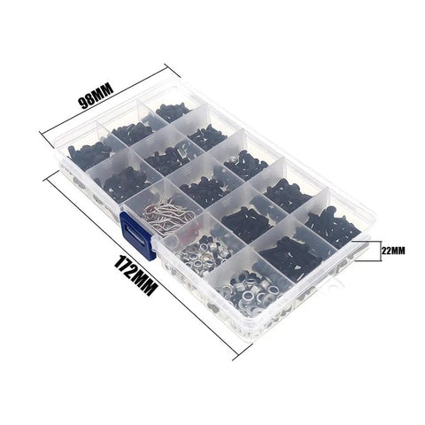 RC Screw Kit Box Set For 1:10 Scale RC Cars, Trucks, And Crawlers; M3 M4 Hardware with multi-color metal repair screws in organizer tray.