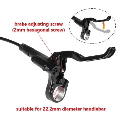 Close-up of left-front Cyclon MT200 hydraulic MTB brake lever and caliper for 22.2mm handlebar, aluminum alloy