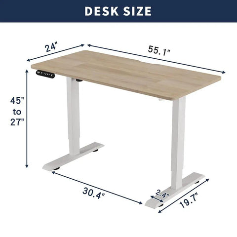 55 Inch Large Electric Height Adjustable Standing Desk For Home Office Sit Stand Motorized Workstation With Oak Finish dimensions displayed.