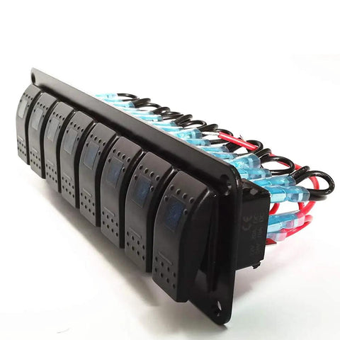 Side view of 8 Gang 5 Pin On Off Waterproof Rocker Switch Panel For Boats Cars RVs And Trailers Aluminum Marine Grade Panel 12V 24V DC