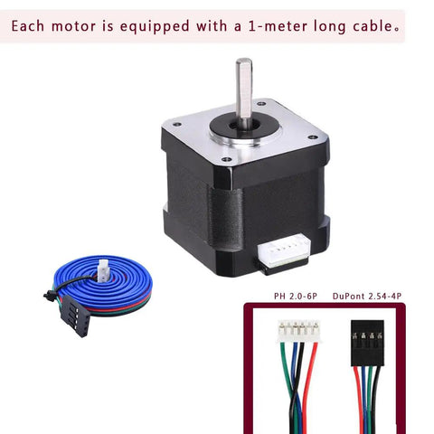 Beefy Torque Stepper Motor With 1m Cable for 3D Printers, CNC Routers, Laser Engravers, Robotics, and Mechanical Arms, showing motor and cable.