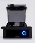 High Octane Oscillating Resin Print Washer For 3D Models Featuring Total No Sweat Four Minute Clean Cycle and Solid Performance with Top Shelf Solvent Bath Soak Station front view showing control panel and transparent tank.