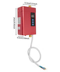 Rock Solid 3000W Instant Electric Hot Water Heater With Built Like A Tank Cast Aluminum Shell and Bright Digital Display side view with measurements.